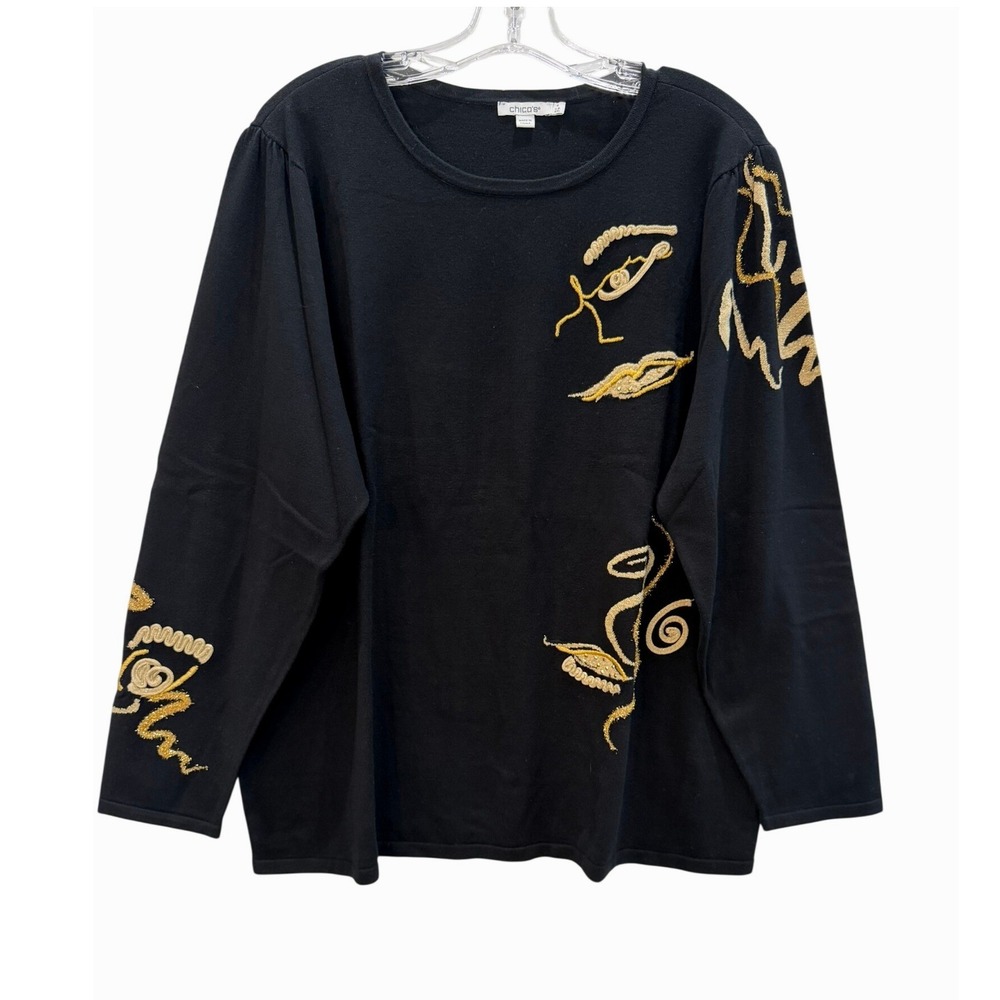 Chicos Black Gold Metallic Embroidered Abstract Sweater Top Size 4 / XXL
